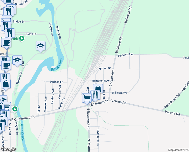 map of restaurants, bars, coffee shops, grocery stores, and more near 243 La Grange Avenue in Battle Creek