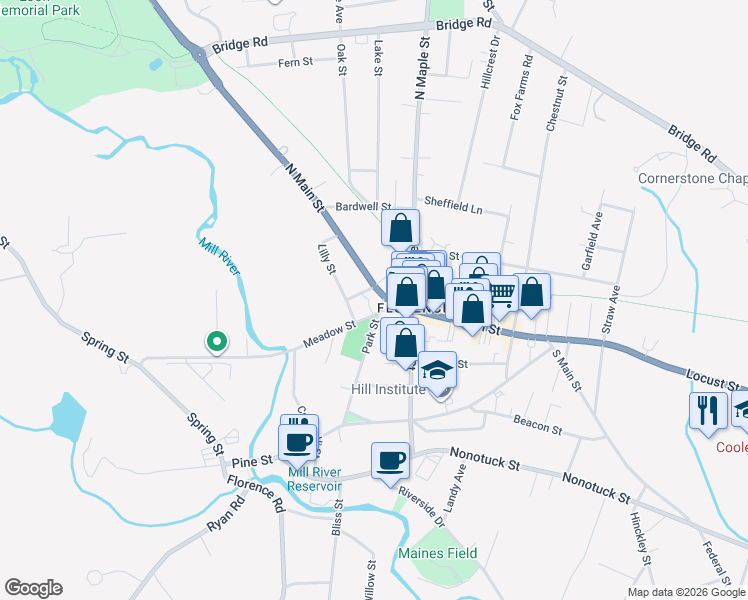 map of restaurants, bars, coffee shops, grocery stores, and more near 90 Park Street in Northampton