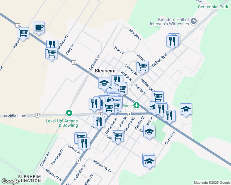 map of restaurants, bars, coffee shops, grocery stores, and more near 48 Chatham Street North in Blenheim