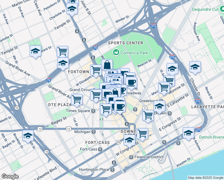 map of restaurants, bars, coffee shops, grocery stores, and more near 1550 Woodward Avenue in Detroit