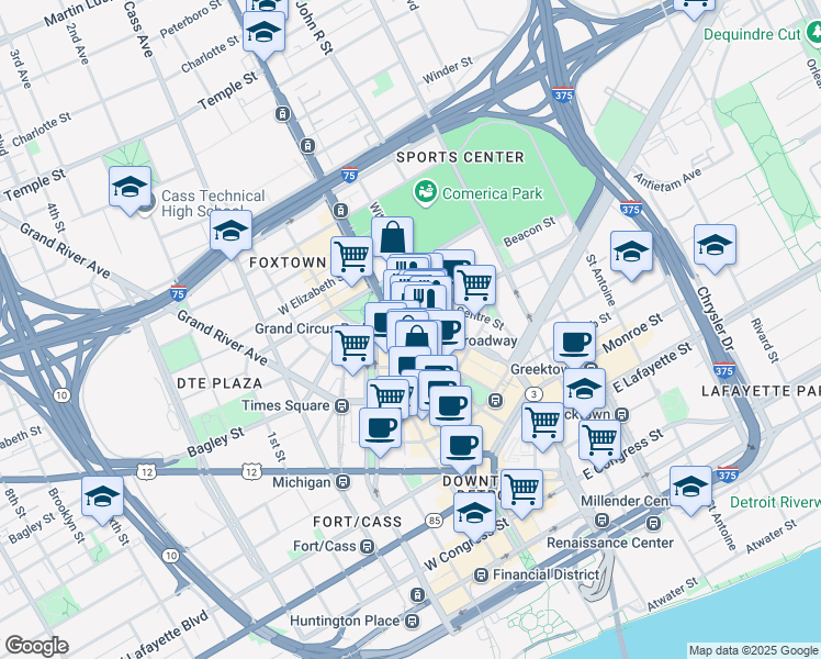 map of restaurants, bars, coffee shops, grocery stores, and more near 1550 Woodward Avenue in Detroit