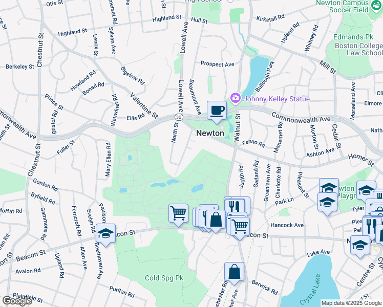 map of restaurants, bars, coffee shops, grocery stores, and more near 40 Cummings Road in Newton