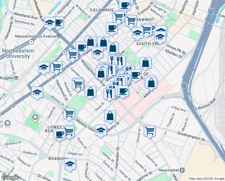 map of restaurants, bars, coffee shops, grocery stores, and more near 668 Massachusetts Avenue in Boston