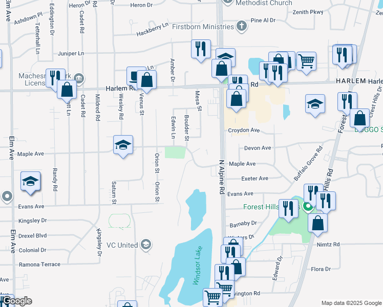 map of restaurants, bars, coffee shops, grocery stores, and more near 1919 Maple Avenue in Loves Park