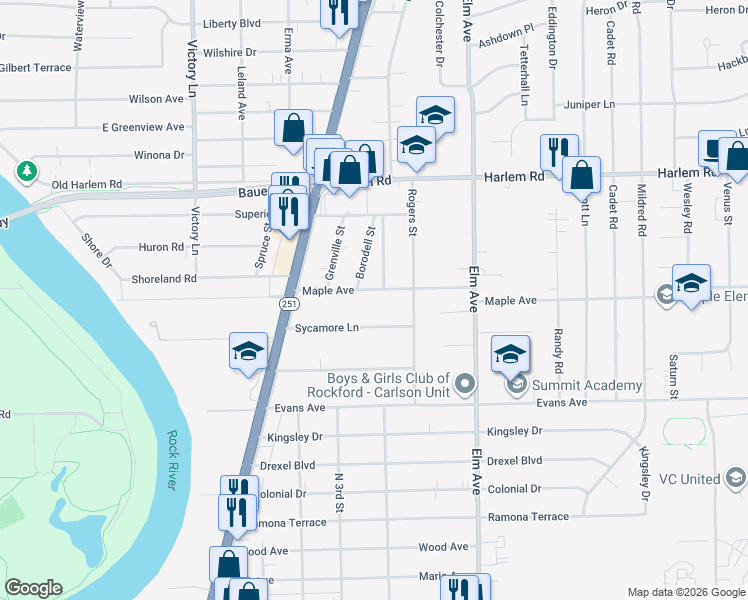 map of restaurants, bars, coffee shops, grocery stores, and more near 801 Maple Avenue in Machesney Park