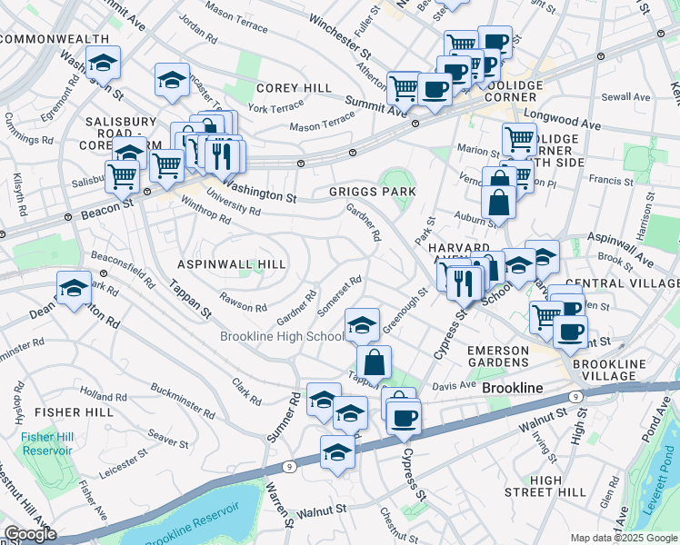 map of restaurants, bars, coffee shops, grocery stores, and more near 123 Gardner Road in Brookline