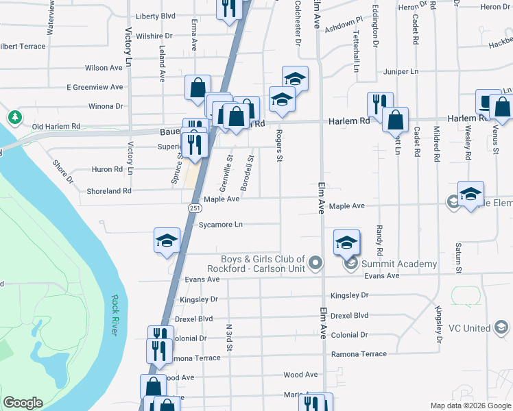 map of restaurants, bars, coffee shops, grocery stores, and more near 801 Maple Avenue in Machesney Park