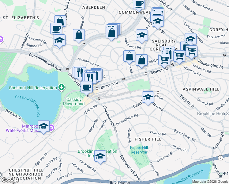 map of restaurants, bars, coffee shops, grocery stores, and more near 26 Strathmore Road in Brookline