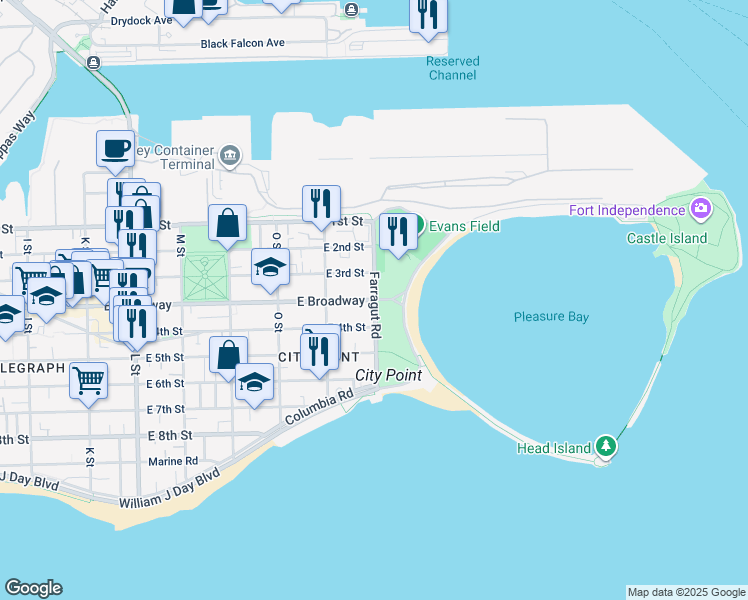 map of restaurants, bars, coffee shops, grocery stores, and more near 65 Farragut Road in Boston