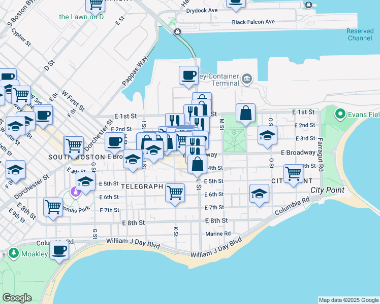 map of restaurants, bars, coffee shops, grocery stores, and more near in Boston