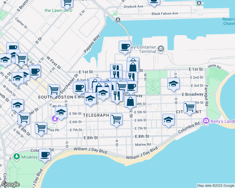 map of restaurants, bars, coffee shops, grocery stores, and more near 3 K Street Place in Boston