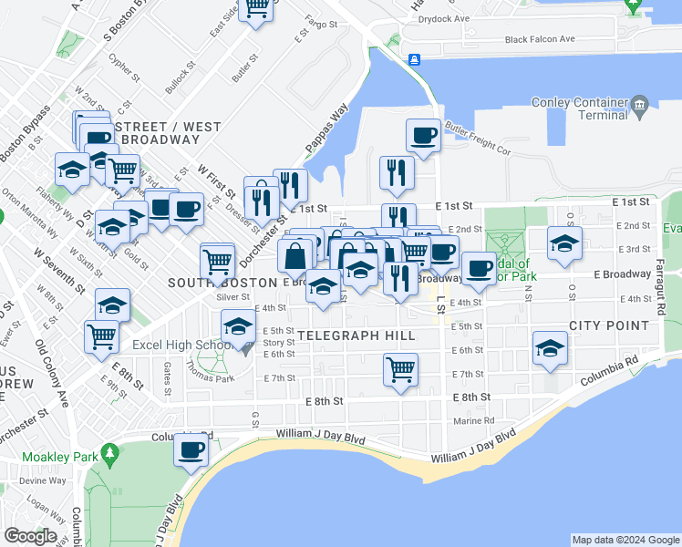 map of restaurants, bars, coffee shops, grocery stores, and more near in Boston
