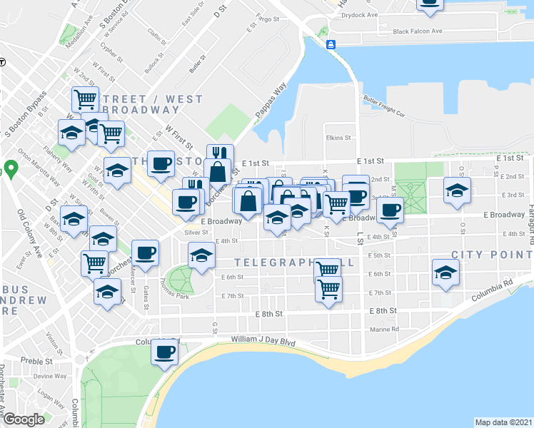 map of restaurants, bars, coffee shops, grocery stores, and more near 60 H Street in Boston