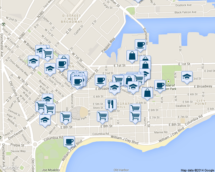 map of restaurants, bars, coffee shops, grocery stores, and more near 60 H Street in Boston