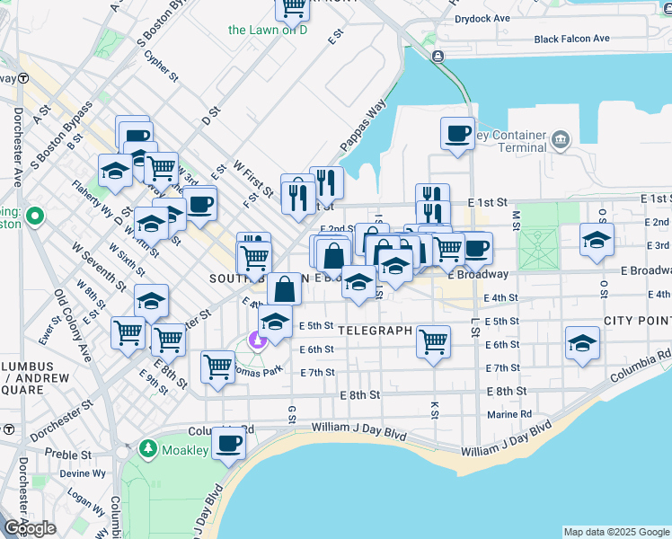 map of restaurants, bars, coffee shops, grocery stores, and more near 60 H Street in Boston