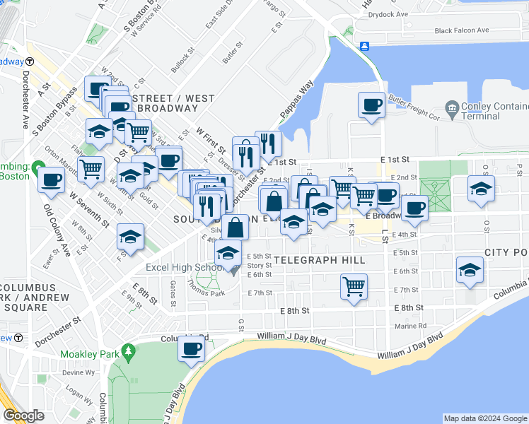 map of restaurants, bars, coffee shops, grocery stores, and more near 433 East 3rd Street in Boston