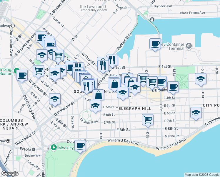 map of restaurants, bars, coffee shops, grocery stores, and more near 433 East 3rd Street in Boston