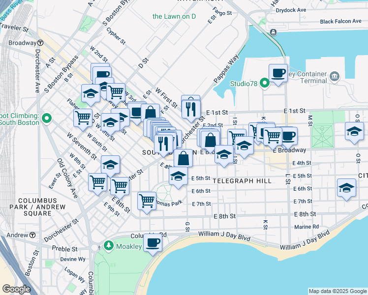 map of restaurants, bars, coffee shops, grocery stores, and more near 9 G Street in Boston