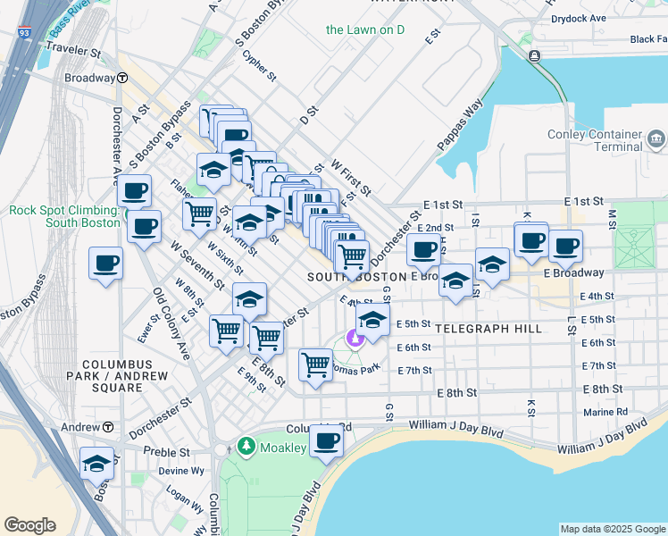 map of restaurants, bars, coffee shops, grocery stores, and more near 293 Silver Street in Boston