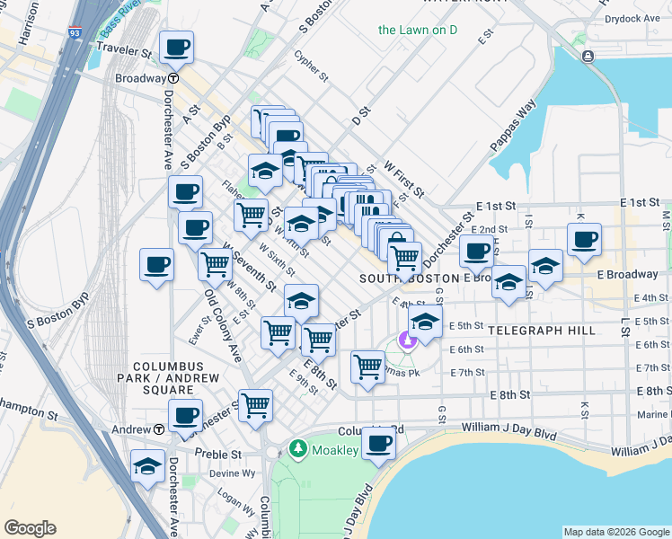 map of restaurants, bars, coffee shops, grocery stores, and more near 104 F Street in Boston