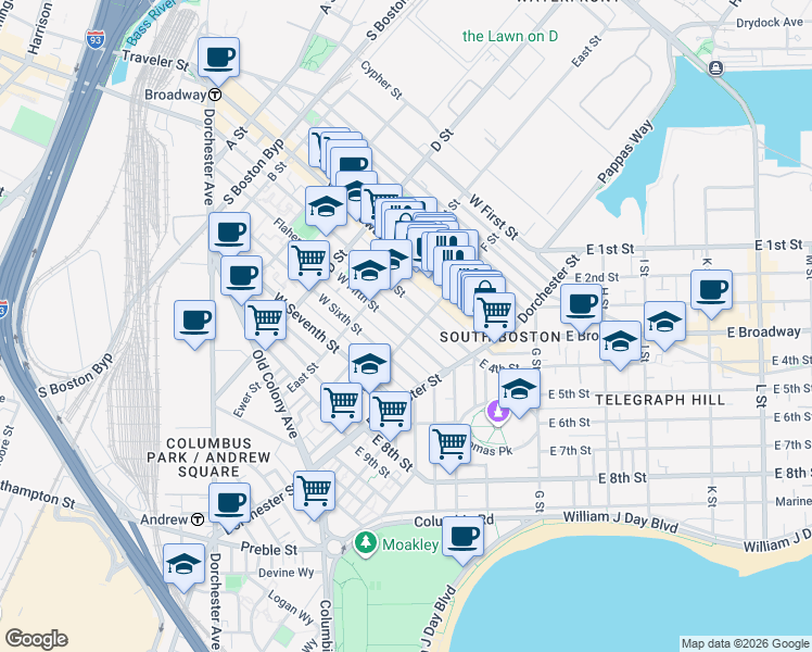 map of restaurants, bars, coffee shops, grocery stores, and more near 104 F Street in Boston