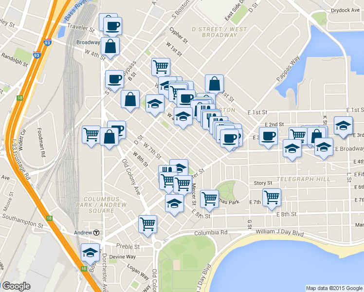 map of restaurants, bars, coffee shops, grocery stores, and more near 223 West Fifth Street in Boston