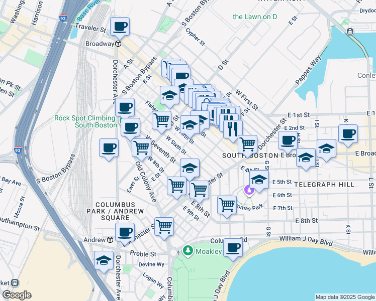 map of restaurants, bars, coffee shops, grocery stores, and more near 223 West Fifth Street in Boston