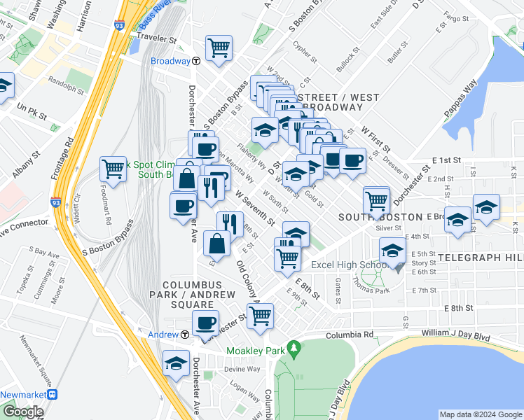 map of restaurants, bars, coffee shops, grocery stores, and more near 114 West Seventh Street in Boston
