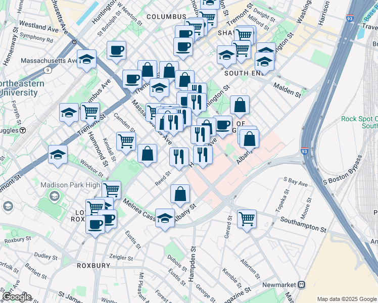 map of restaurants, bars, coffee shops, grocery stores, and more near 668 Massachusetts Avenue in Boston