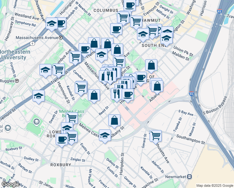 map of restaurants, bars, coffee shops, grocery stores, and more near 668 Massachusetts Avenue in Boston