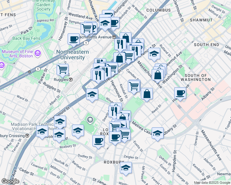 map of restaurants, bars, coffee shops, grocery stores, and more near 10 Sussex Street in Boston