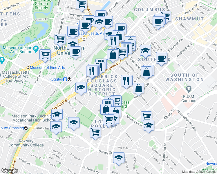 map of restaurants, bars, coffee shops, grocery stores, and more near 10 Sussex Street in Boston