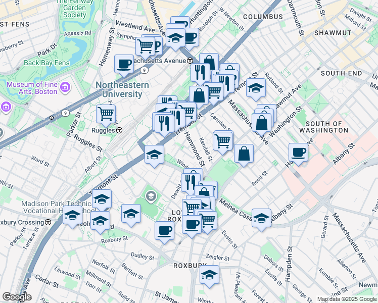 map of restaurants, bars, coffee shops, grocery stores, and more near 10 Sussex Street in Boston
