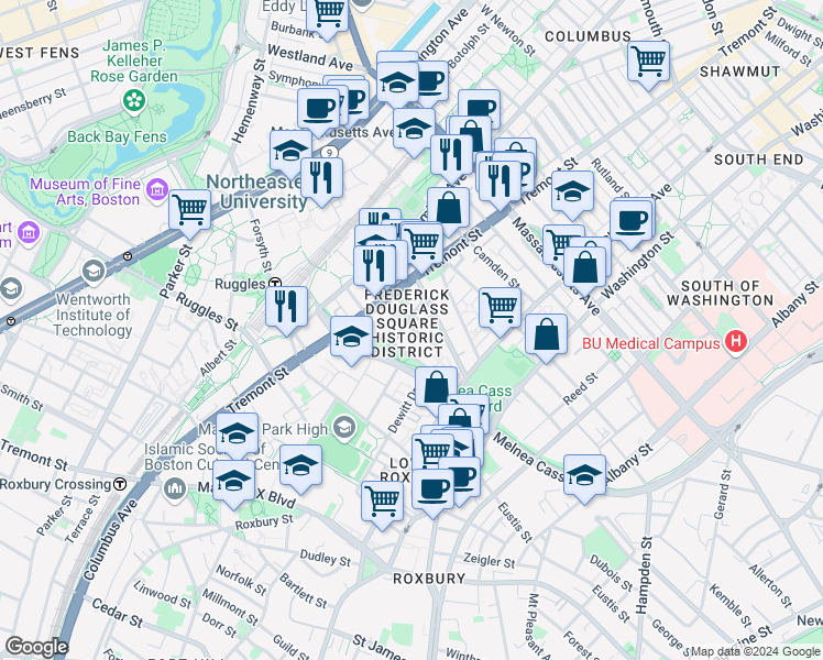 map of restaurants, bars, coffee shops, grocery stores, and more near 10 Sussex Street in Boston