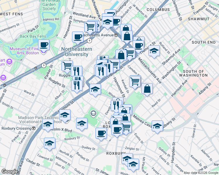 map of restaurants, bars, coffee shops, grocery stores, and more near 1030-1070 Tremont Street in Boston
