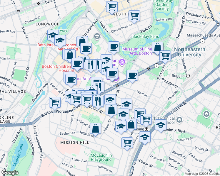 map of restaurants, bars, coffee shops, grocery stores, and more near 184 Longwood Avenue in Boston