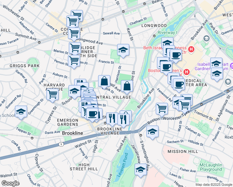 map of restaurants, bars, coffee shops, grocery stores, and more near 203 Aspinwall Avenue in Brookline