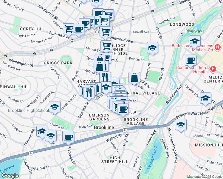 map of restaurants, bars, coffee shops, grocery stores, and more near 14 Homer Street in Brookline