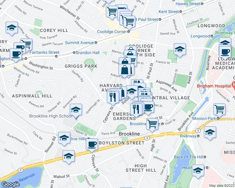 map of restaurants, bars, coffee shops, grocery stores, and more near 32 Harvard Avenue in Brookline