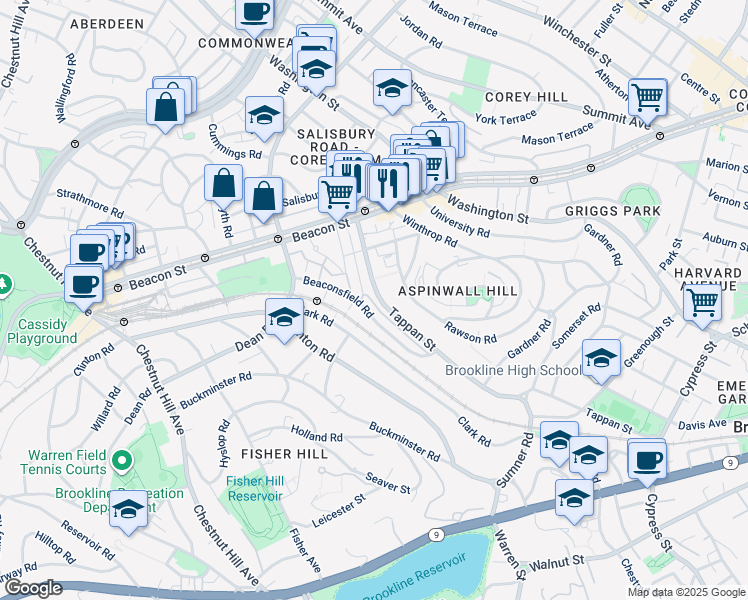map of restaurants, bars, coffee shops, grocery stores, and more near 299 Tappan Street in Brookline