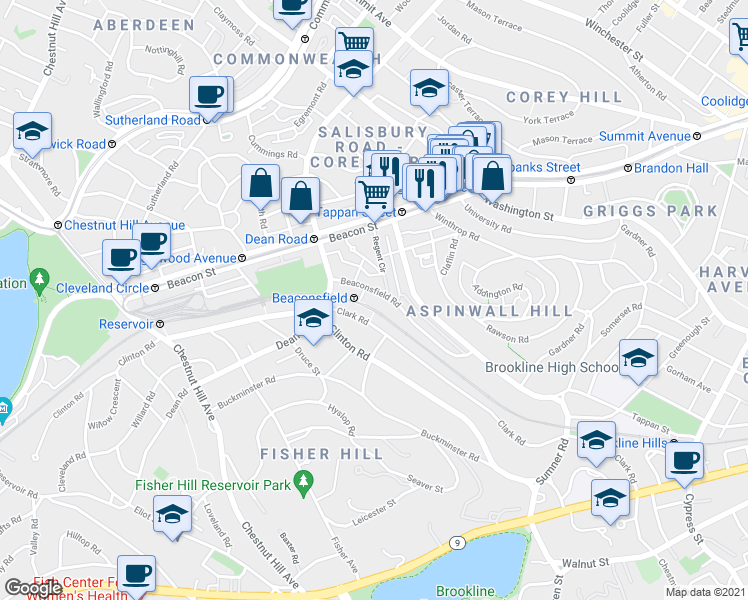 map of restaurants, bars, coffee shops, grocery stores, and more near 72 Regent Circle in Brookline