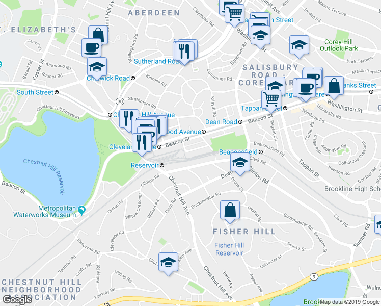 map of restaurants, bars, coffee shops, grocery stores, and more near 19 Strathmore Road in Brookline