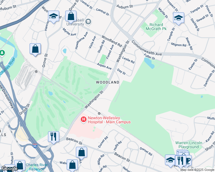 map of restaurants, bars, coffee shops, grocery stores, and more near 1874 Washington Street in Newton