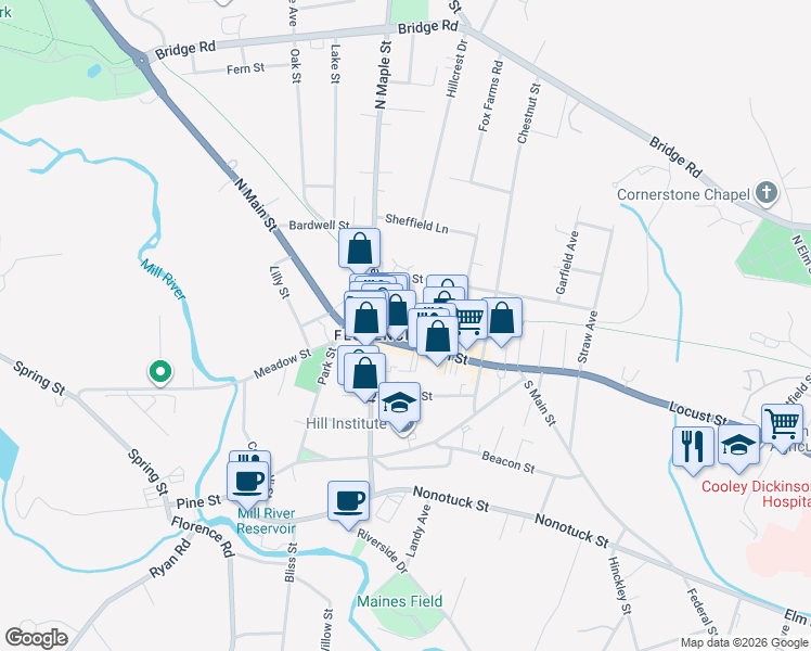 map of restaurants, bars, coffee shops, grocery stores, and more near 13 Keyes Street in Northampton