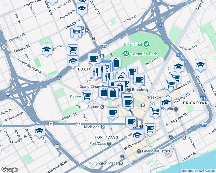 map of restaurants, bars, coffee shops, grocery stores, and more near in Detroit