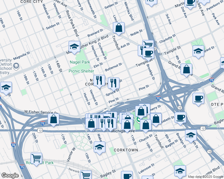 map of restaurants, bars, coffee shops, grocery stores, and more near 2728 Harrison Street in Detroit