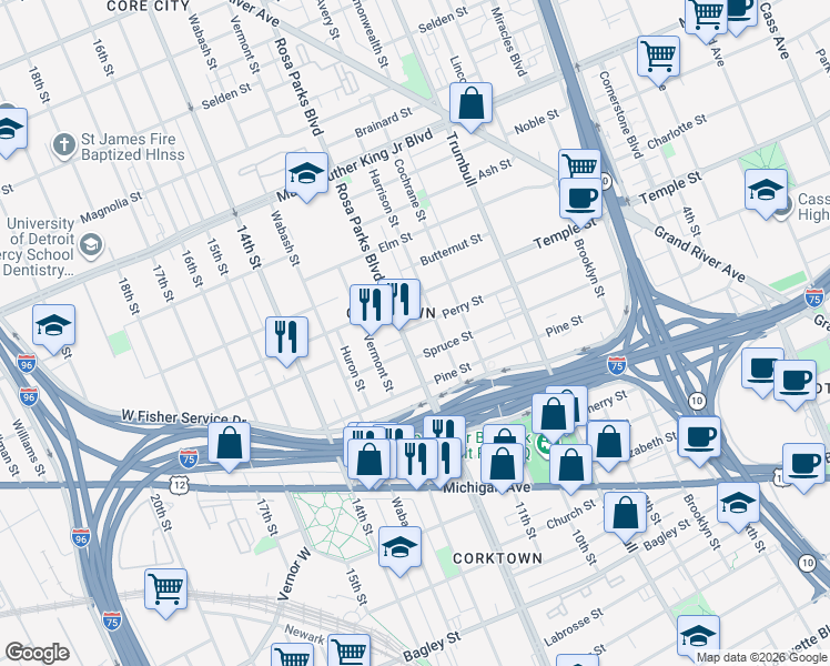 map of restaurants, bars, coffee shops, grocery stores, and more near in Detroit