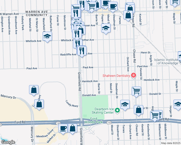 map of restaurants, bars, coffee shops, grocery stores, and more near 6332 Yinger Avenue in Dearborn