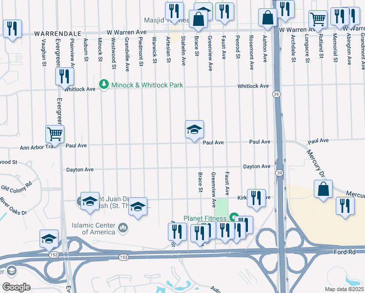 map of restaurants, bars, coffee shops, grocery stores, and more near 6267 Stahelin Avenue in Detroit