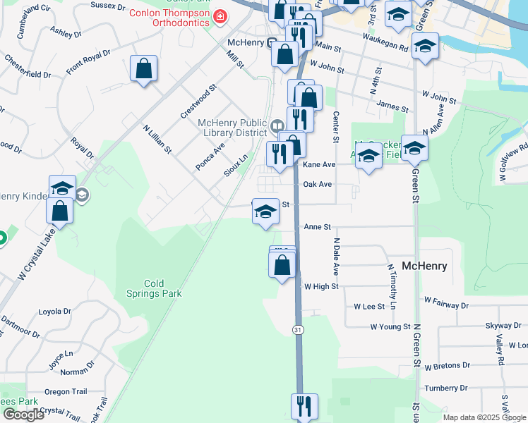 map of restaurants, bars, coffee shops, grocery stores, and more near 4017 West Lillian Street in McHenry